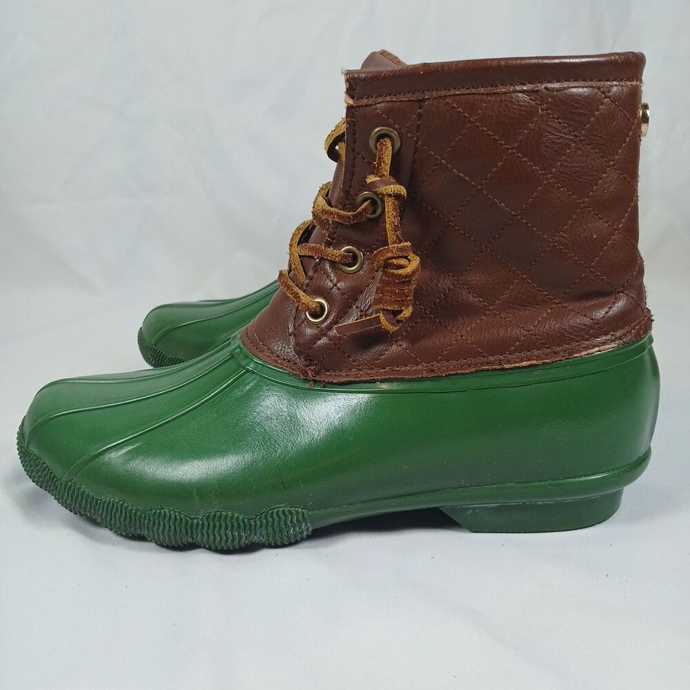 Steve Madden Duck Boots Women’s Size 8 Green Rubber Brown Leather Quilted Winter - Picture 2 of 13